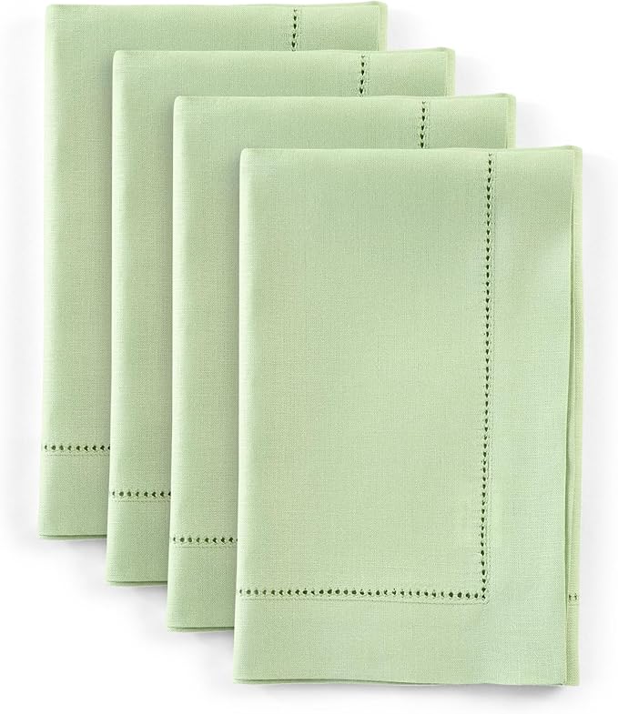 Solino Home Linen Cloth Napkins Set of 4-100% Pure Linen Light Green Dinner Napkins 20 x 20 Inch - Classic Hemstitch, Handcrafted and Machine Washable