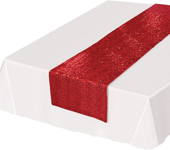 Beistle Sequined Fabric Table Runner Wedding Decorations, Valentine's Day Tableware, Christmas Party Supplies, 11.25" x 75", Red
