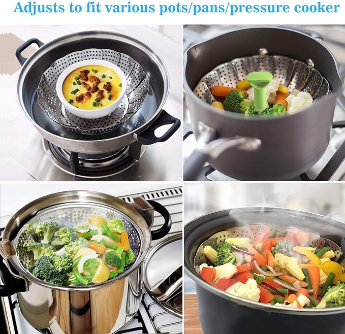 Consevisen Vegetable Steamer Basket for Cooking Food, Stainless Steel Veggie Steam Basket for Pot, Folding Expandable Steaming Insert with Extendable Handle Fits Various Size Pot, 5.1" to 9"