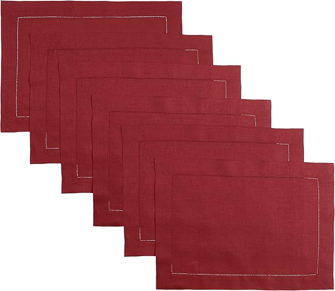 D'Moksha Homes Red Linen Placemats Set of 6 - Classic Hemstitch Placemats 14 x 19 Inch - 100% Pure Linen Table Mats for Winter, Holiday, New Year - Handcrafted and Machine Washable