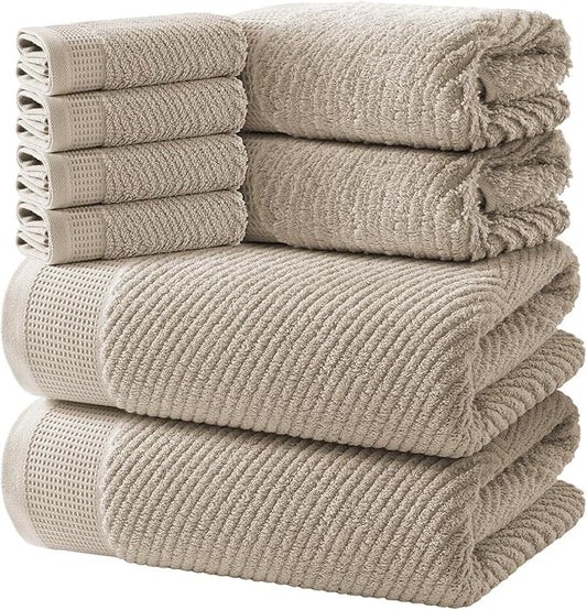 REDKISS 8-Piece Premium Towel Set, 2 Bath Towels, 2 Hand Towels, 4 Washcloths, 100% Cotton, Quick Dry, Highly Absorbent Towels for Bathroom, Gym, Hotel, Spa, Dark Coffee