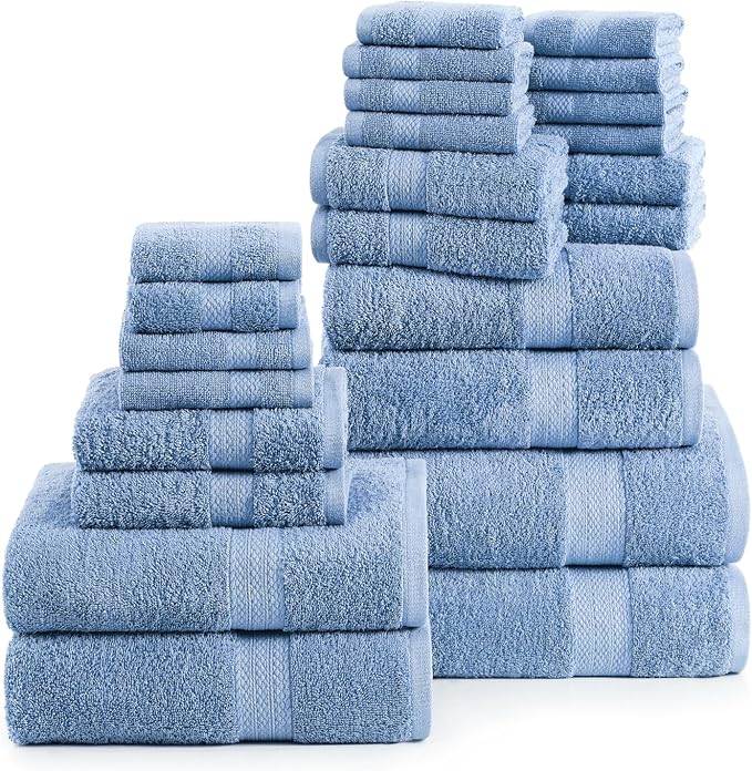 Lane Linen Bath Towel Set - 24 Pcs - Made From 100% Ring Spun Cotton - Quick Dry, Soft & Absorbent - 2 Bath Sheet, 4 Fingertip, 4 Bath, 6 Hand Towels, 8 Washcloth - Multipurpose Towels - Cerulean Blue