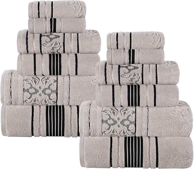 Superior Cotton 12 Piece Assorted Floral Towel Set, Includes 4 Bath, 4 Hand, 4 Washcloth/Face Towels, Quick Dry, Home Essentials, Shower, Spa, Luxury Plush Soft Absorbent Towels, Zero Twist, Platinum