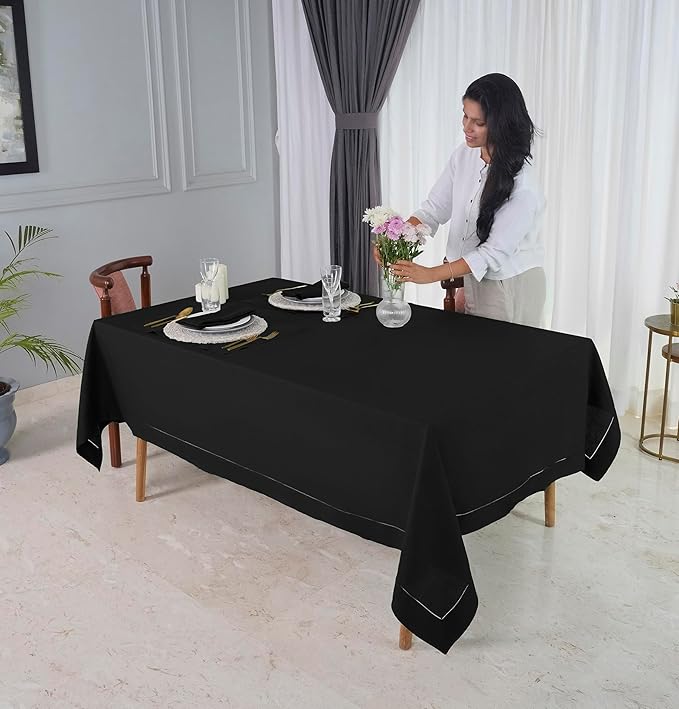 D'Moksha Homes Black Linen Tablecloth for Rectangle Tables 60 x 102 Inch - Classic Hemstitch 100% Pure Linen Black Table Cloth - Machine Washable Dining Tablecloth for Christmas, Holiday, New Year