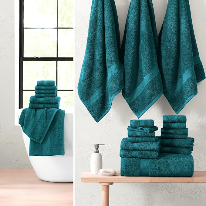 LANE LINEN 100% Cotton Bathroom Towels Set - 24 Piece - Durable, Quick Dry, Soft & Highly Absorbent - 4 Bath, 4 Fingertip, 6 Hand Towel, 8 Washcloths, 2 Bath Sheets - Sustainbly Produced - Sea Port