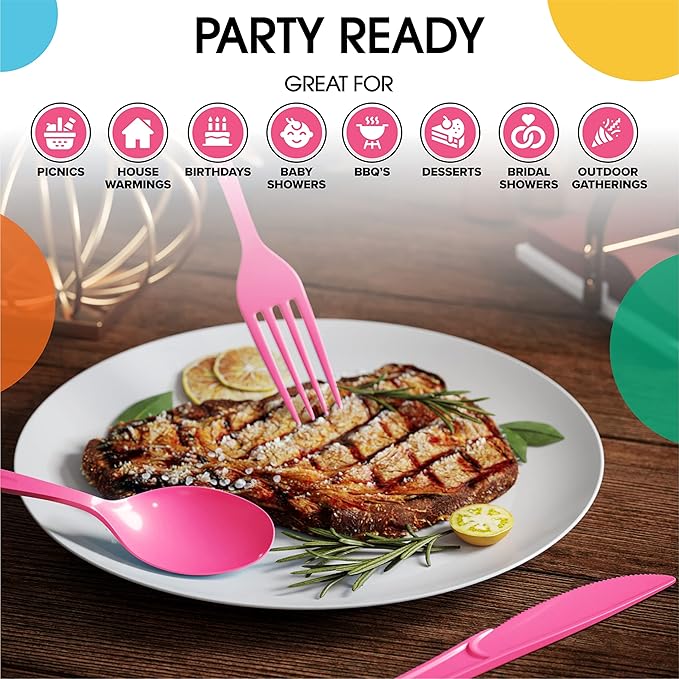 Party Solids Hot Pink Disposable Plastic Forks, 200 Pcs, 7.5 Inch, Heavy Duty, Hot Pink, Plastic Silverware