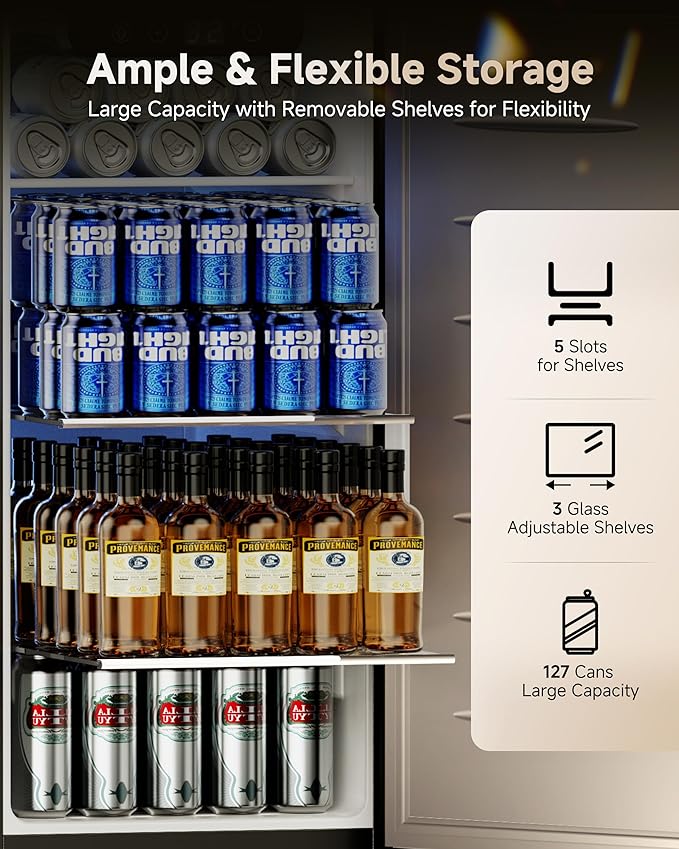 15 Inch Under Counter Beverage Fridge, 127 Cans Beverage Cooler for Built-in & Freestanding, Beer Fridge for Soda, Water, Wine - Home, Bar or Office (Black)