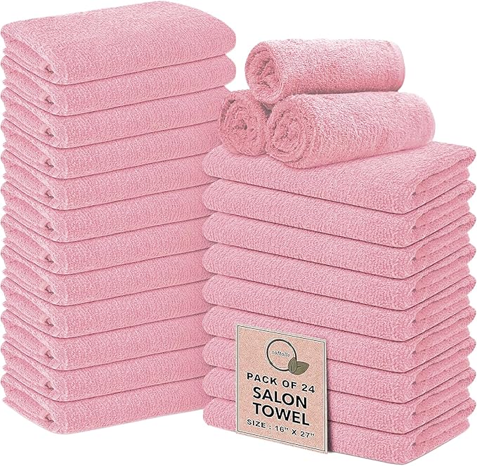 Softolle Salon Towels – Pack of 24 (16"x27") 100% Cotton Ring Spun – Ultra Soft, Highly Absorbent Hand Towels – Bulk for Spa, Gym & Salon (Pink, Salon Towels – Pack of 24 (16"x27"))