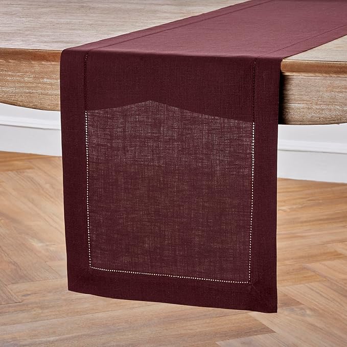 Solino Home Linen Burgundy Table Runner 108 Inches Long - 100% Pure Linen 14 x 108 Inch Table Runner for Valentines, Winter, New Year - Classic Hemstitch