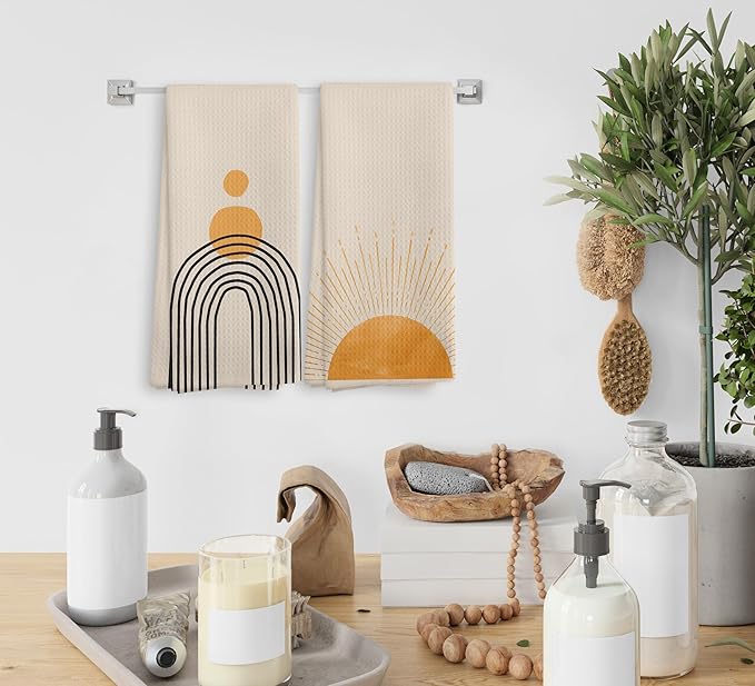 Boho Black Sun Sunrise Sunshine Rainbow Kitchen Towels and Dishcloths Sets of 2,Bohemian Absorbent Drying Cloth Hand Towels Tea Towels for Bathroom,Boho Gifts for Women Girls,16×24 inches (Orange)