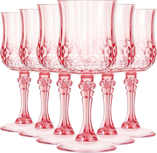 Pinkunn 6 Pcs 7 oz Plastic Vintage Wine Glasses Reusable Colored Goblets Patterned Drinking Water Glasses Cup Dishwasher Safe for Christmas Wedding Reception Party Supplies (Pink)