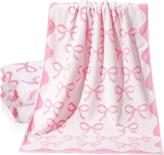 2 Pcs Pink Bow Bathroom Towels 100% Cotton Coquette Bow Bath Towels 28 x 55 Inch Absorbent Soft Preppy Bathroom Decor for Spa Gym Kitchen Women Gifts
