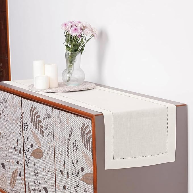 D'Moksha Homes Linen Ivory Table Runner 60 Inches - Classic Hemstitch, 100% Pure Linen Coffee Table Runner 14 x 60 Inch Ideal for Dresser Tables - Winter, Holiday, New Year