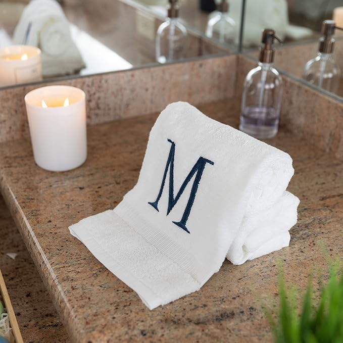 Monogrammed Hand Towels for Bathroom - Luxury Hotel Quality Personalized Initial Decorative Embroidered Bath Towel for Powder Room, Spa - GOTS Organic Certified - Set of 2 Navy Letter M