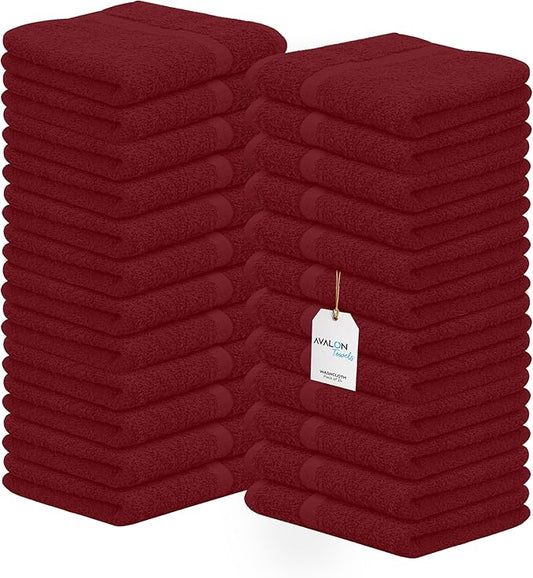 Avalon Towels Cotton Washcloths – (Pack of 24) Size 12x12 Inches, 100% Ring Spun Cotton, Soft & Absorbent Face Towels, Gym Towels, Hotel and Spa Quality, Reusable Fingertip Towels (Red)