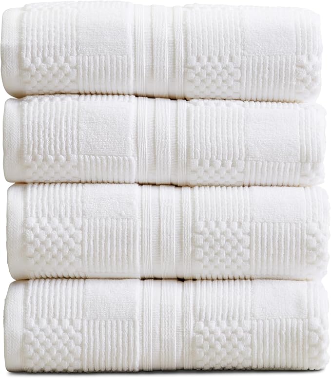 Springtree Home 100% Cotton Bath Towel Set of 4 | White Towels | Geometric Textured Design | Absorbent & Quick-Dry | 4 Bath Towels | Oeko-TEX® Standard 100 Cotton | Myla Collection - White