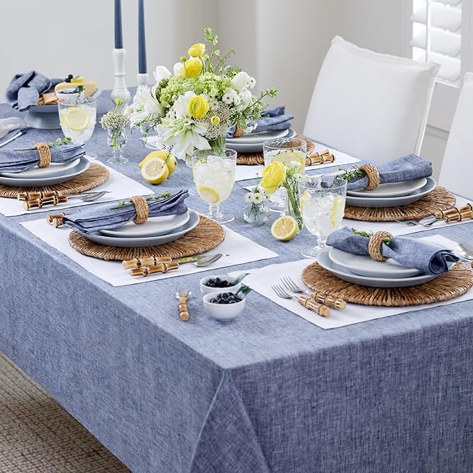 Solino Home Linen Tablecloth 60 x 144 Inch - 100% Pure Linen Chambray Indigo Table Cloth for Rectangle Tables - Athena, Machine Washable Tablecloth for Christmas, New Year