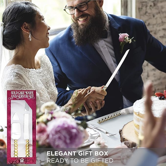 Homi styles wedding cake knife and server set | Elegant Gold Color With Beaded Handles & Premium 420 Stainless Steel Blades | Cake & Pie Serving Set For Wedding Cake,cake cutter Gift