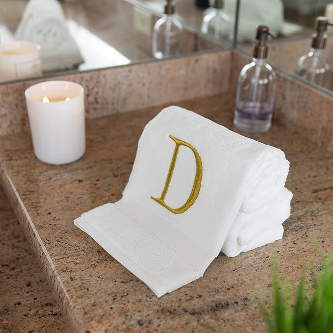 Monogrammed Hand Towels for Bathroom - Luxury Hotel Quality Personalized Initial Decorative Embroidered Bath Towel for Powder Room, Spa - GOTS Organic Certified - Set of 2 Gold Letter D