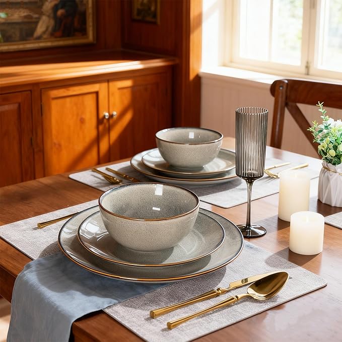 GBHOME Ceramic Dinnerware Sets for 4, 12 Pieces Stoneware Plates and Bowls Sets, Reactive Glaze Dishes -Scratch Resistant, Dishwasher&Microwave Safe