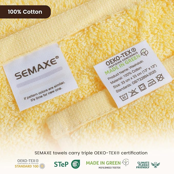 SEMAXE 100% Cotton Washcloths for Bathroom - 24 Pack, Quick-Dry Face Towels with Hanging Loop, Highly Absorbent and Soft, 13x13 Inch, Yellow