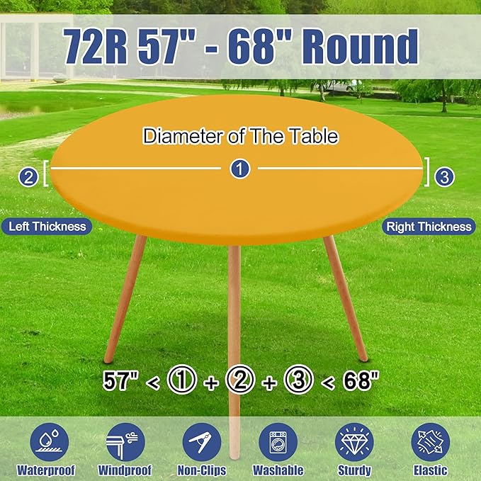 Round Spandex Tablecloth, Elastic Fitted Waterproof Tablecloths for 57"-68" Tables, Stretch Washable Picnic Table Cover for Camping, Dining, Indoor and Outdoor, Mustard Yellow