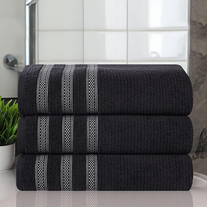 Superior Cotton Bath Towel Set, Zero Twist, Ribbed Geometric,Large Plush Absorbent Body Towels, Luxury Soft Quick Dry, Shower, Spa, Hotel, Pool, Guest Bathroom, Home Essentials, Set of 3, Black