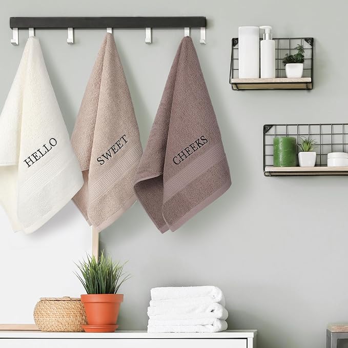 3 Pcs Farmhouse Decorative Hand Towels for Bathroom and Kitchen Rustic Embroidered 100% Cotton Hand Towels Decorative Set for Boho Bathroom Decor(Brown,Hello Sweet Cheeks)