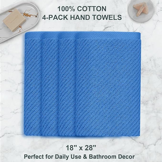 VOOVA & MOVAS Blue Hand Towels for Bathroom, 4 Pack Large 18"x28" - 100% Cotton | Quick Dry | Thick | Soft | Lightweight, Bathroom Hand Towels, Luxury Towel Gift Set, Denim Blue