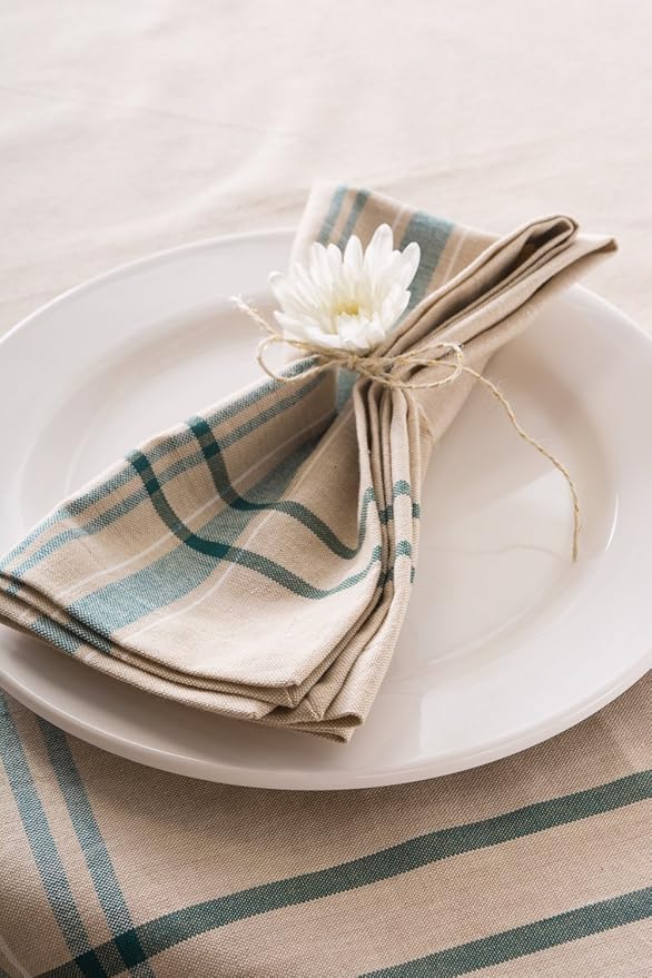 DII French Stripe Tabletop Collection Farmhouse Style Dining Table Linen Tablecloth, 70" Round, Taupe/Teal