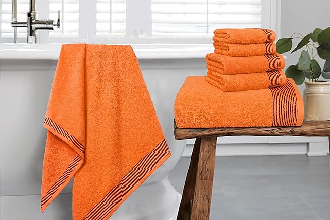 Belizzi Home 100% Cotton Ultra Soft 6 Pack Towel Set, Contains 2 Bath Towels 28x55 inchs, 2 Hand Towels 16x24 inchs & 2 Washcloths 12x12 inchs, Compact Lightweight & Highly Absorbant - Orange