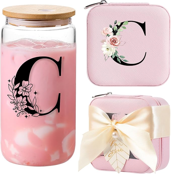 AYGXU Bridesmaid Gifts,18 year old girl birthday gifts,teacher gifts for womens,Drinking glass with Bamboo Lids and Straw,Jewelry Organizer,Travel Essentials Small Jewelry Box,Initial C pink