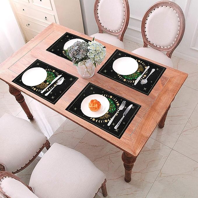 Black Placemats Set of 4, Ancient Life Tree Decorative Place Mats for Dining Table Decor, Linen Washable Table Mats for Kitchen Outdoor Party Home Moon Luna Hippy Decor 12"x18"