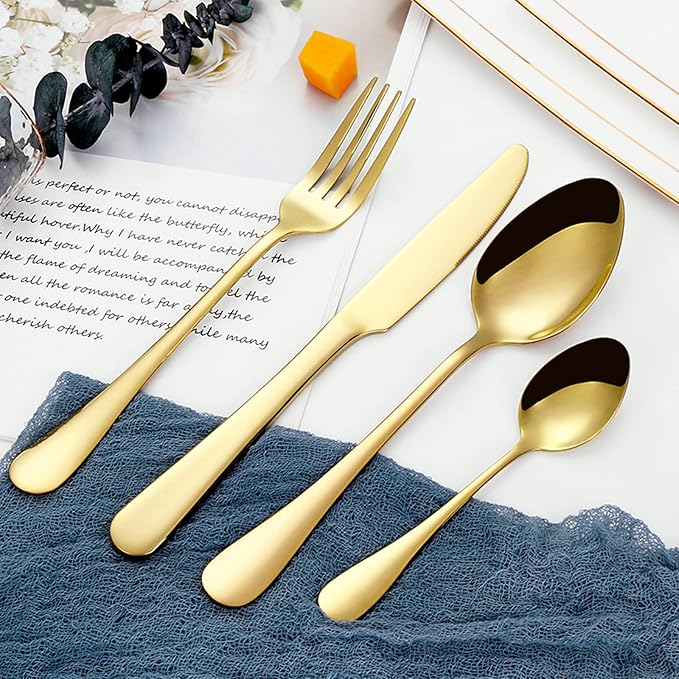 24 pcs Flatware Set, Gold Stainless Steel Flatware Set for 6, Knife Fork Spoon, Home Dinnerware Tableware Set for 6, Cutlery Set, Include Knives/Forks/Spoons