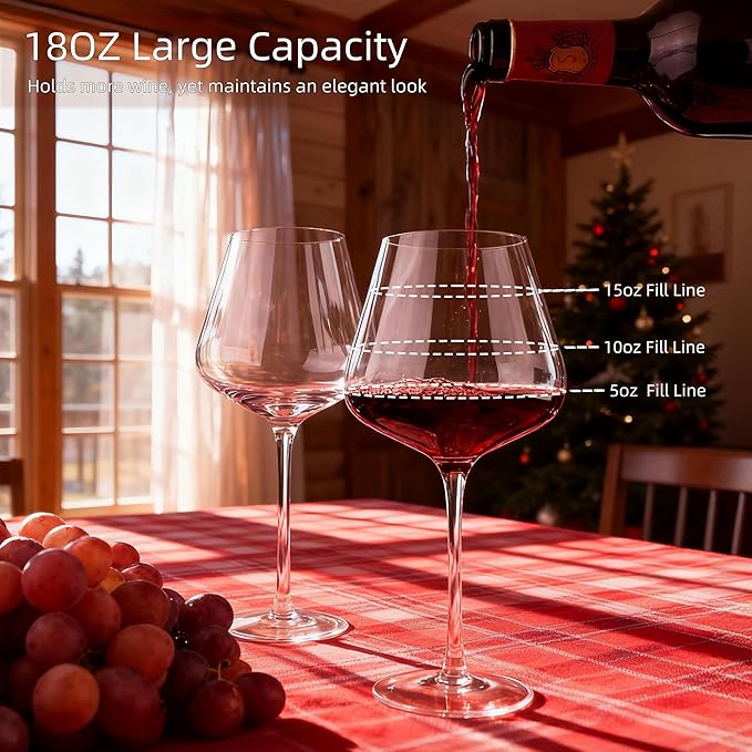 Wine Glasses Set of 4, 18OZ Large Crystal Red Wine Glasses, Hand Blown Vintage Wine Glasses with Thin Rim, Large Bowl, Long Stem, Gifts for Christmas, Housewarming, Birthday