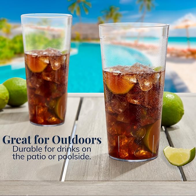 US Acrylic Café Plastic Reusable Tumblers (Set of 12) 32-ounce Iced-Tea Cups Clear | Value Set of Restaurant Style Drinking Glasses, Stackable, BPA-free, Made in the USA | Top-rack Dishwasher Safe