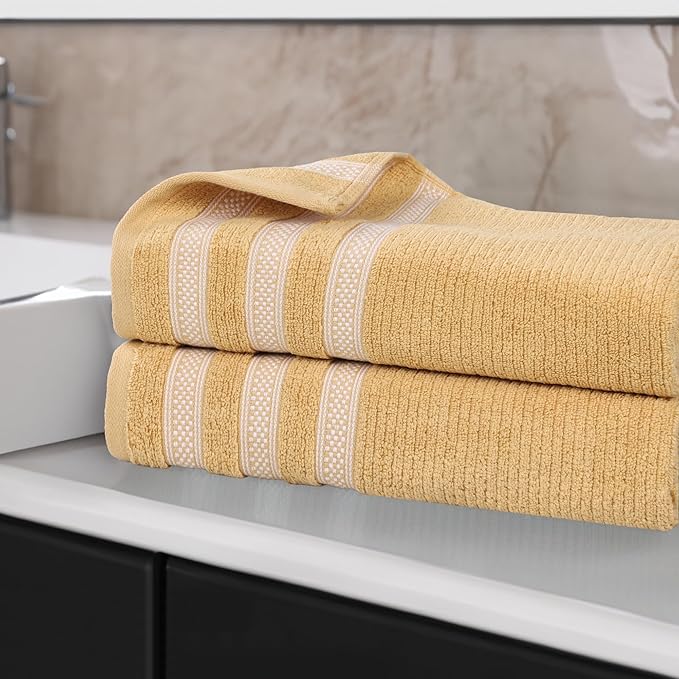 Superior Cotton Bath Sheet Set, Zero Twist, Ribbed Geometric, Oversized Large Absorbent Body Towels, Luxury Soft Quick Dry, Shower, Spa, Hotel, Pool, Guest Bathroom, Home Essentials, Set of 2, Gold