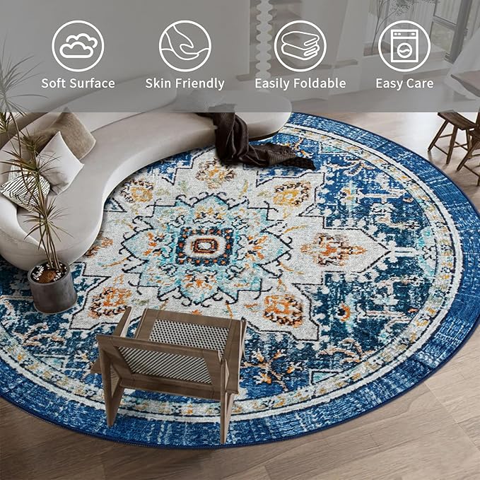 Easy-Going Round Rug 6ft Area Rug Washable Boho Circle Rugs for Living Room Non-Slip Bedroom Rug Low Pile Lightweight Tangerine Vintage Throw Rug for Dining Room Kitchen Office, Floral Aqua Yellow
