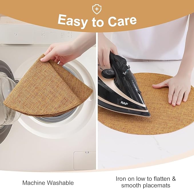 homing 15 Inch Round Cloth Placemats Set of 4, Cotton Linen Blend Washable Table Mats, Farmhouse Dining Place Mats for Indoors & Outdoors, Easy to Clean, Amber