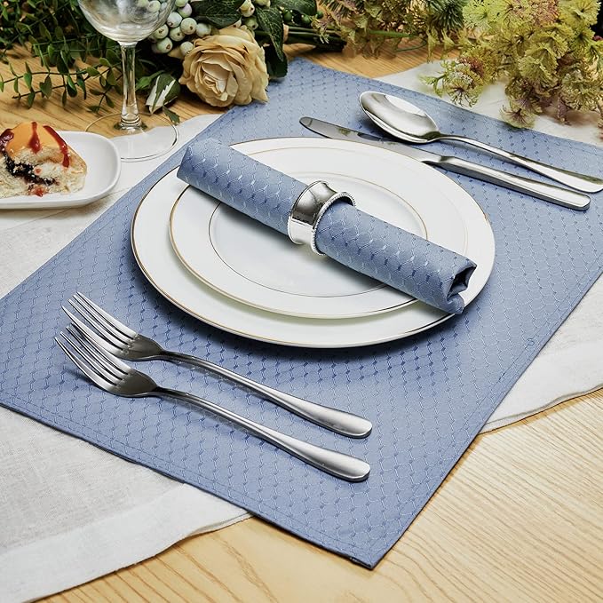 Place Mats Set of 8 – Rectangle Rectangular Waterproof Fabric Polyester Cloth Washable Wipeable Heat Resistant Placemats for Kitchen Dining Dinner Table Indoor 13 x 19 Inch Light Blue