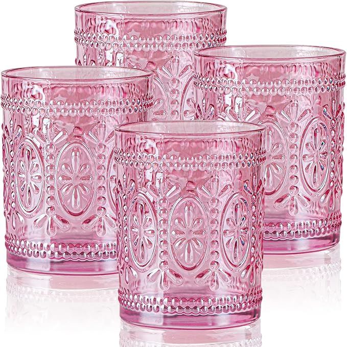 Pink Glassware set of 4, Vintage Drinking Glasses, 10oz Pink Heavy Duty Glass Cups, Old Fashioned Glass, Embossed Glasses Set for Party Wedding Home Office Glassesware Gift