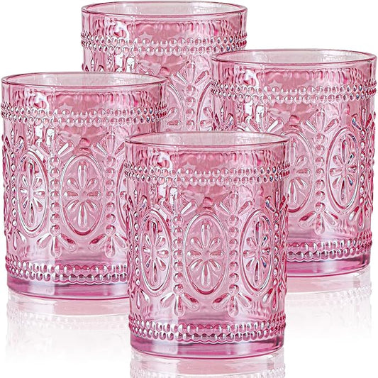 Pink Glassware set of 4, Vintage Drinking Glasses, 10oz Pink Heavy Duty Glass Cups, Old Fashioned Glass, Embossed Glasses Set for Party Wedding Home Office Glassesware Gift