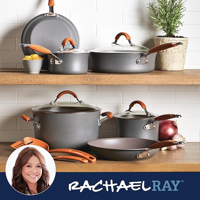 Rachael Ray Cucina Dishwasher Safe Hard Anodized Nonstick Cookware Pots and Pans Set, 12 Piece, Gray with Orange Handles