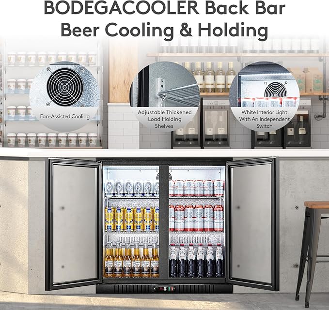 BODEGA BODEGACOOLER Commercial Bar Refrigerator with 2 Glass Door,7.4 Cu.Ft Beverage Refrigerator Cooler,Large Display Bar Cooler Fridge,Adjustable Shelves,Hold Beer,Soda Drinks,Wine