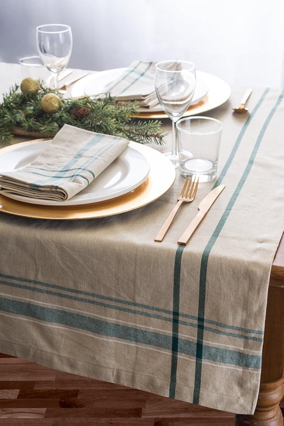 DII French Stripe Tabletop Collection Farmhouse Style Dining Table Linen Tablecloth, 70" Round, Taupe/Teal