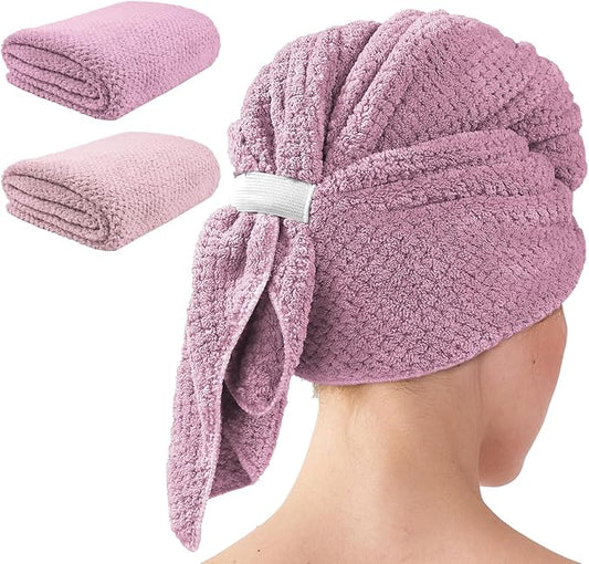 2 Pack Extra Large Microfiber Hair Towel, 37.4" x 26.4" Towel Wrap for Women, Super Absorbent & Quick Drying Hair Towel with Elastic Strap for Curly Long Hair