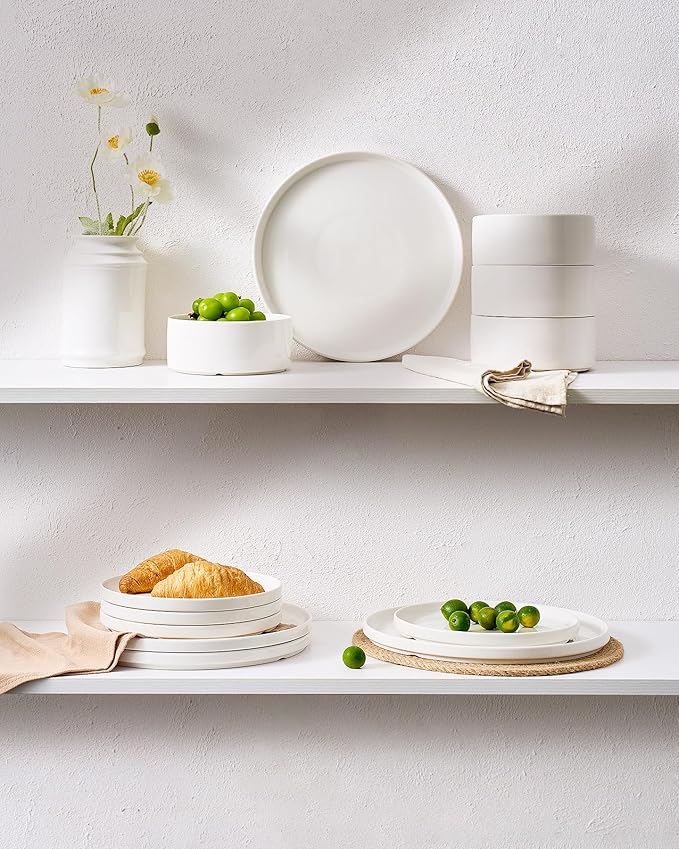 Famiware Porcelain Dinnerware Set, 12-Piece Modern Plate and Bowl Set, Dish Set for 4, Microwave and Dishwasher Safe Tableware, White