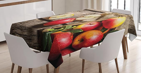 Ambesonne Fruits Tablecloth, Box of Apples on Wood Floor Penal Rusty Nature and Colors Harvesting Print, Rectangular Table Cover for Dining Room Kitchen Decor, 60" X 84", Pale Brown and Red