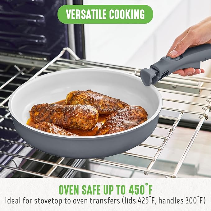 GreenLife 10 Piece Nonstick Pots & Pans Set, Detachable Handle & Stackable Cookware Set, Non Toxic PFAS-Free Skillets, Induction Kitchen Pans, Space Saving, Serving Bowls, Oven Safe, Graphite