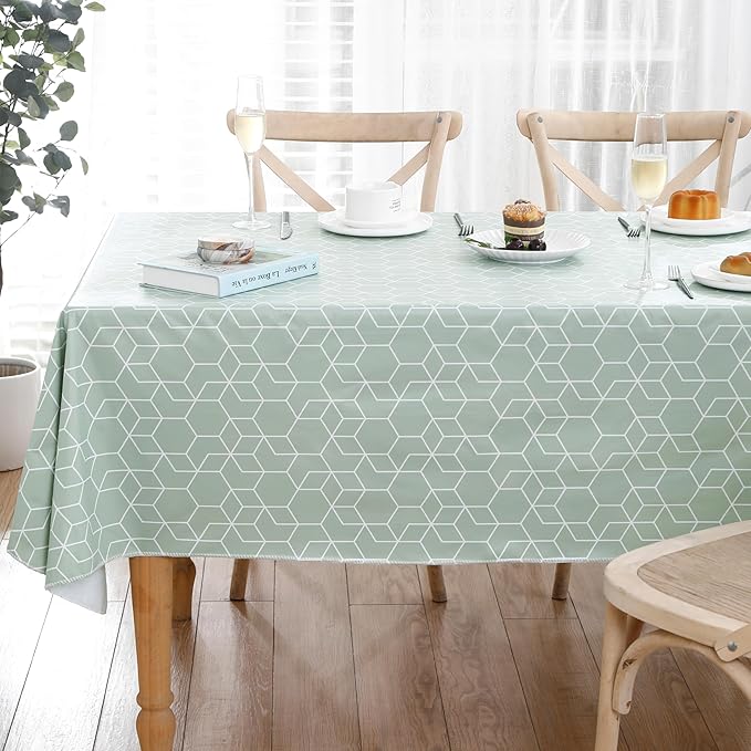 Heavy Duty Vinyl Tablecloth with Flannel Backing Waterproof Oil-Proof Plastic Table Cloth Stain-Resistant Wipeable Rectangle or Square Table Cover for Indoor and Outdoor (Green Grid,52x70 Inch)